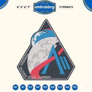 May include: Embroidered patch with a triangular design, featuring a moon, Earth, and the letter "A". The patch includes the names "WISEMAN", "GLOVER", and "KOCH HANSEN". Available in 9 formats and sizes 10 cm, 13 cm, 15 cm, and 18 cm.
