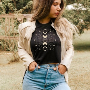 Crescent Moon Crop Tee | Mystical T-Shirt | Cute Graphic Crop Top | Sun and Stars