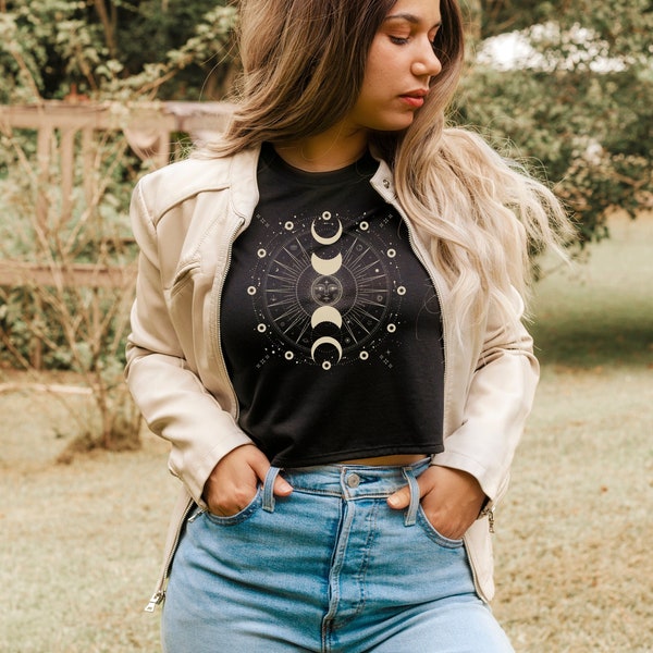 Crescent Moon Crop Tee | Mystical T-Shirt | Cute Graphic Crop Top | Sun and Stars