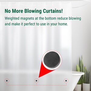 Puede incluir: Cortina de ducha blanca con imanes con peso en la parte inferior para evitar que se mueva. El texto "No More Blowing Curtains!" est&aacute; en la parte superior de la cortina.