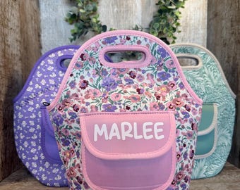 Personalized Floral Neoprene Lunch Bag, Insulated Custom Lunchbox