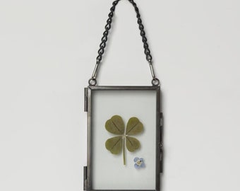 May include: A rectangular glass frame with a dark metal border and a matching hanging chain. Inside the frame, a single pressed four-leaf clover is positioned above a small, light blue five-petaled flower, both displayed against a clear background.