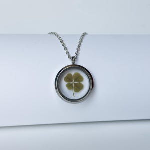 May include: A silver necklace with a round pendant containing a pressed four-leaf clover.