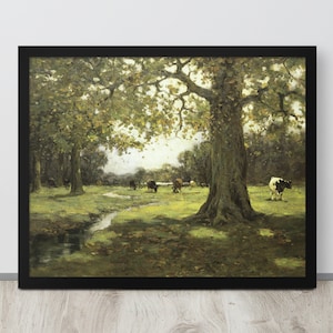 Vintage Cow Painting | Grazing Cattle Print | Vintage Farm Art | Antique Farm Painting | Farmhouse Painting