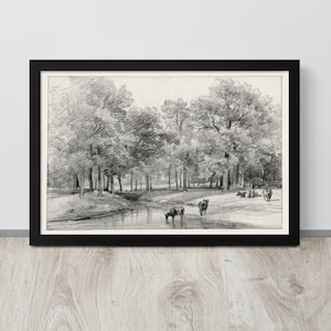 Vintage Cow Art | Grazing Cattle Print | Vintage Farm Art | Antique Farm Painting | Farmhouse Painting | Landscape Sketch | Sketchbook Art