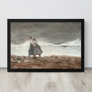 Two Sisters Walking by the Sea | Sister Printable Art | Seaside Art Print | Vintage Seascape Painting | Digital Ocean Wall Art | Dark Moody