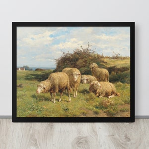 Rustic Sheep Painting | Vintage Landscape | Antique Farm Art | Farm Painting | Farmhouse Wall Art