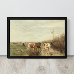 Vintage Cow Print | Grazing Cattle Painting | Antique Farm Art | Vintage Farm Painting | Farmhouse Wall Art