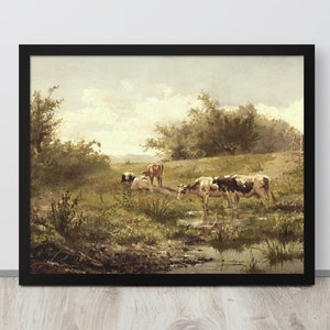 Grazing Cattle Painting | Vintage Cow Print | Antique Farm Art | Vintage Farm Painting | Farmhouse Painting
