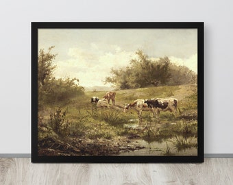 Grazing Cattle Painting | Vintage Cow Print | Antique Farm Art | Vintage Farm Painting | Farmhouse Painting