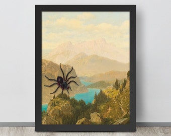 Thrift Store Spider Landscape | Altered Oil Painting | Eclectic Art | Vintage Landscape Painting | Dark Art