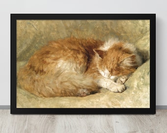 Vintage Cat Painting | Vintage Tabby Cat Print | Tabby Cat Oil Painting | Sleeping Kitten Print | Antique Pet Painting | Farmhouse Painting