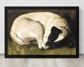 Vintage Dog Painting | Vintage Terrier Print | Rat Terrier Oil Painting | Sleeping Dog Print | Antique Pet Painting | Farmhouse Painting