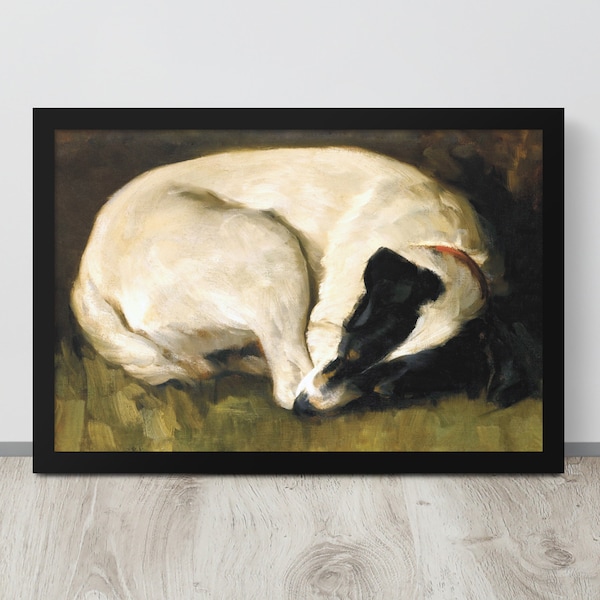 Vintage Dog Painting | Vintage Terrier Print | Rat Terrier Oil Painting | Sleeping Dog Print | Antique Pet Painting | Farmhouse Painting