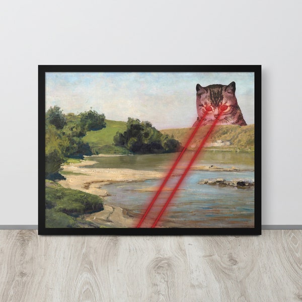 Vintage Cat with Laser Eyes Print | Altered Oil Painting | Eclectic Wall Art | Funny Art | Funny Cat Painting | Downloadable Art