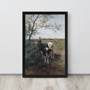 Vintage Cow Painting | Grazing Cattle Print | Vintage Farm Art | Antique Farm Painting | Farmhouse Painting | Herding Cattle