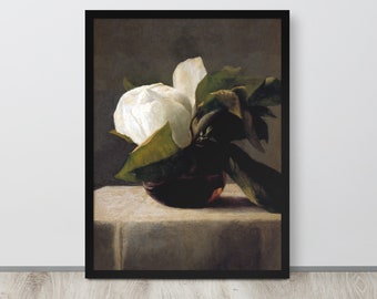 Vintage Magnolia Still Life Flower Painting | Dark Moody Flower Wall Art | Vintage Magnolias Print | Farmhouse Decor | Botanical Print