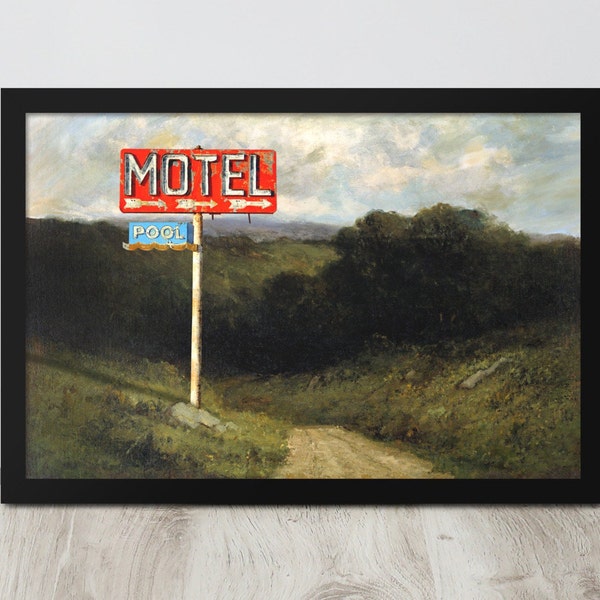 Neon Motel Sign Print | Thrift Store Art | Altered Oil Painting | Vintage Wall Art | Motel Sign