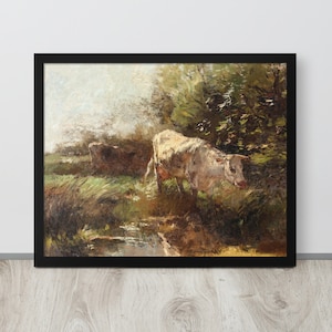 Vintage Cow Painting | Grazing Cattle Painting | Rustic Cow Print | Antique Farm Art | Vintage Farm Painting