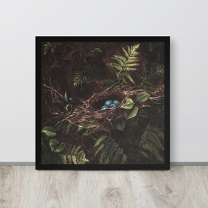 Bird&#39;s Nest and Ferns Painting I Vintage Moody Botanical | Printable Wall Art | Dark Moody Academia Aesthetic | Vintage Still Life Painting