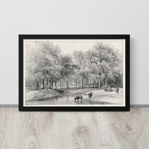 Vintage Cow Landscape | Antique Pencil Sketch | Cattle Wall Art | Black and White Drawing | Rustic Cow Print | Cow Drawing | Farm Animals