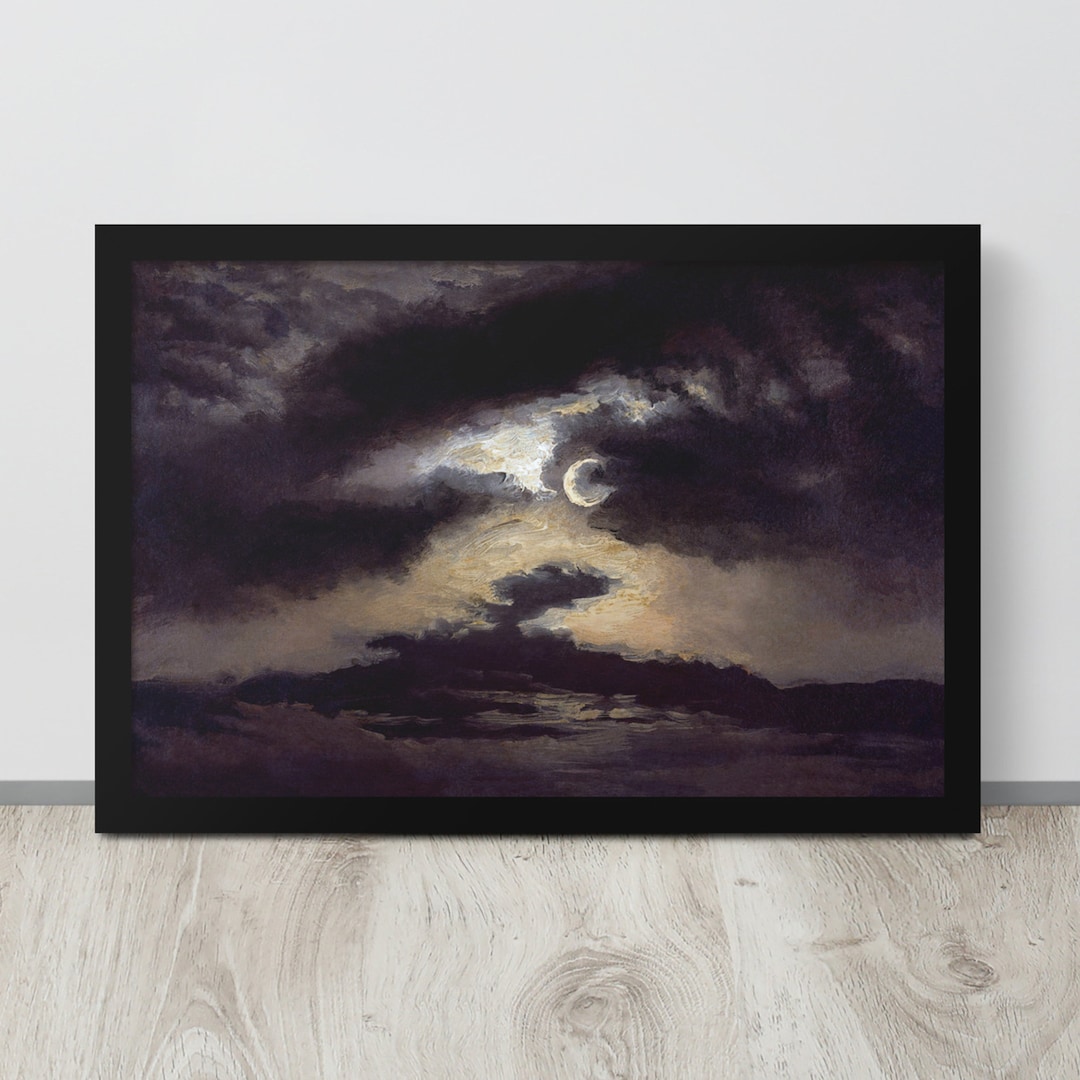 Dark Moody Night Sky Painting | Vintage Crescent Moon Print | Digital ...
