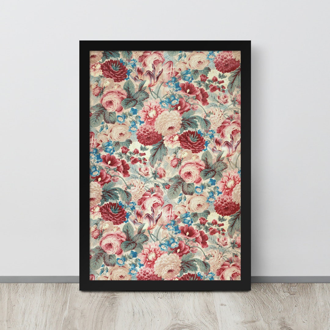 Vintage Floral Fabric Wall Art Antique Rose Textile Print Vintage