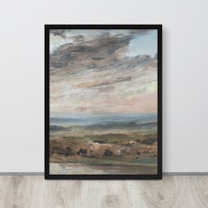 Moody Vintage Countryside Landscape Oil Painting | Rustic Neutral Landscape | Muted Landscape Art | Farmhouse Decor | Nature Art