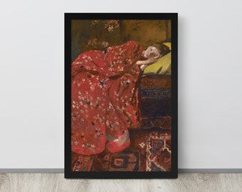アンティーク ヴィンテージ コレクション 女性 肖像画 着物 暗い雰囲気の女性の肖像画、赤い着物を着た女性のヴィンテージの肖像画