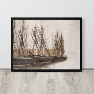 Warm Vintage Ship Art | European Canal Painting | Vintage Ocean Oil Painting | Coastal Wall Art | Antique Ships Painting | Printable Art