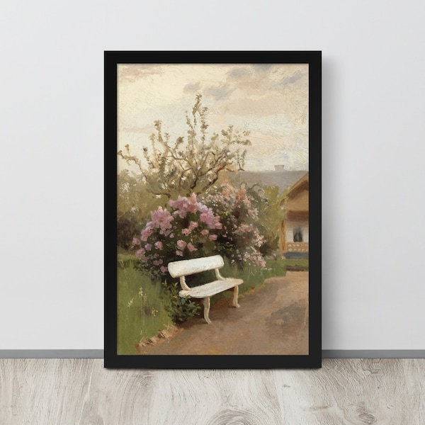 Vintage Landscape Park Bench | Still Life Painting | Flower Garden Wall Art | Rustic Country Art | Farmhouse Print | Country Path