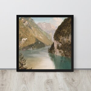 Rustic Mountain Oil Painting | Vintage Nature Landscape | Antique River Painting | Downloadable Art | Canoe Painting | Mountain River
