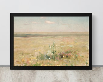 Rustic Farm Landscape | Vintage Desert Painting | Antique Landscape Painting | Farmhouse Wall Art | Wildflower Painting | Neutral Landscape