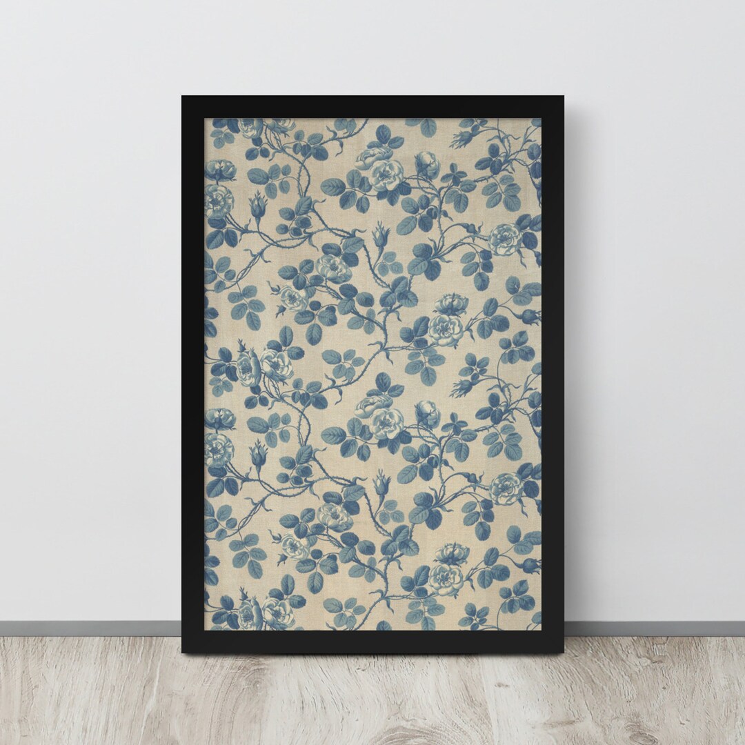 Blue Floral Fabric Wall Art Antique Flower Textile Print Vintage