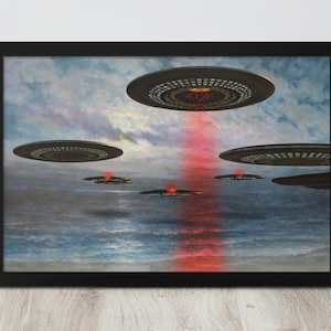 UFO Oil Painting | Thrift Store Art | Altered Oil Painting | Vintage Painting | Alien Art | Alien Invasion
