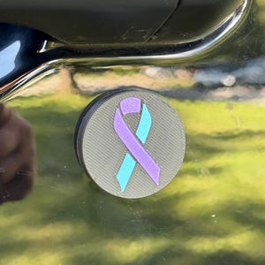 May include: A round, gray car magnet featuring a purple and teal awareness ribbon. The magnet is affixed to a dark-colored vehicle door, reflecting a blurred green and yellow background.