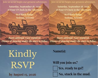 Adventure Off-Road Wedding Invitation Template  Editable Suite 4x4 Desert Mountain Sunset Rustic