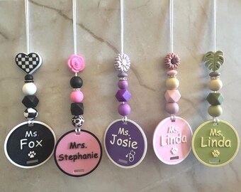 Personalized Floral Beaded Teacher Nurse Lanyard: Custom Name Tag
