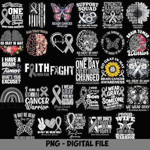Könnte beinhalten: Eine Sammlung digitaler PNG-Dateien mit verschiedenen Designs zum Thema Bewusstsein für Hirntumore. Die Designs umfassen Schleifen, Schmetterlinge und Texte wie "Brain Cancer Awareness", "Go Gray in May" und "I Wear Gray". Die Farbpalette ist hauptsächlich Grau, Weiß und Schwarz.