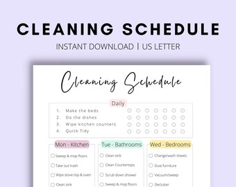 Könnte beinhalten: Eine druckbare Checkliste für den Reinigungsplan mit täglichen, wöchentlichen und monatlichen Aufgaben. Die Checkliste ist in Kategorien wie Küche, Badezimmer, Schlafzimmer, Wohnzimmer und Extras unterteilt. Jede Kategorie enthält eine Liste von Aufgaben, die an einem bestimmten Wochentag erledigt werden sollen.