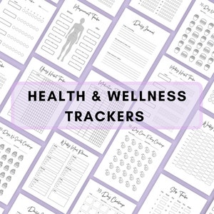 Op de afbeelding: Een set printbare gezondheids- en welzijns trackers. De trackers omvatten een dagboek, een wekelijkse gewichts tracker, een 30-daagse uitdaging, een 30-daagse suikervrije uitdaging, een 30-daagse clean eating uitdaging, een 10-daagse koolhydraatarme uitdaging, een gewoonte tracker, een maaltijdplanner, een water tracker, een slaap tracker en een meet tracker.