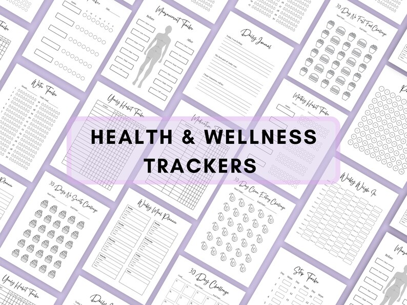Op de afbeelding: Een set printbare gezondheids- en welzijns trackers. De trackers omvatten een dagboek, een wekelijkse gewichts tracker, een 30-daagse uitdaging, een 30-daagse suikervrije uitdaging, een 30-daagse clean eating uitdaging, een 10-daagse koolhydraatarme uitdaging, een gewoonte tracker, een maaltijdplanner, een water tracker, een slaap tracker en een meet tracker.