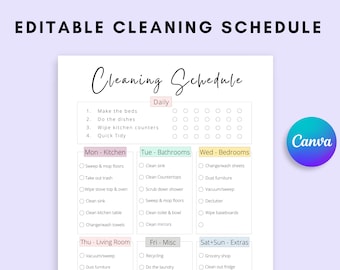 May include: A printable cleaning schedule checklist with daily, weekly, and monthly tasks. The checklist is divided into sections for kitchen, bathroom, bedroom, living room, and extras. The checklist is designed to help you stay organized and on top of your cleaning.