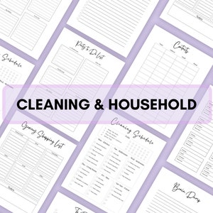 Op de afbeelding: Afdrukbare schoonmaak- en huishoudplannerpagina's met checklists, schema's en lijsten voor boodschappen doen, contacten, wachtwoorden en dagelijkse taken. De pagina's zijn zwart-wit met een eenvoudig ontwerp.