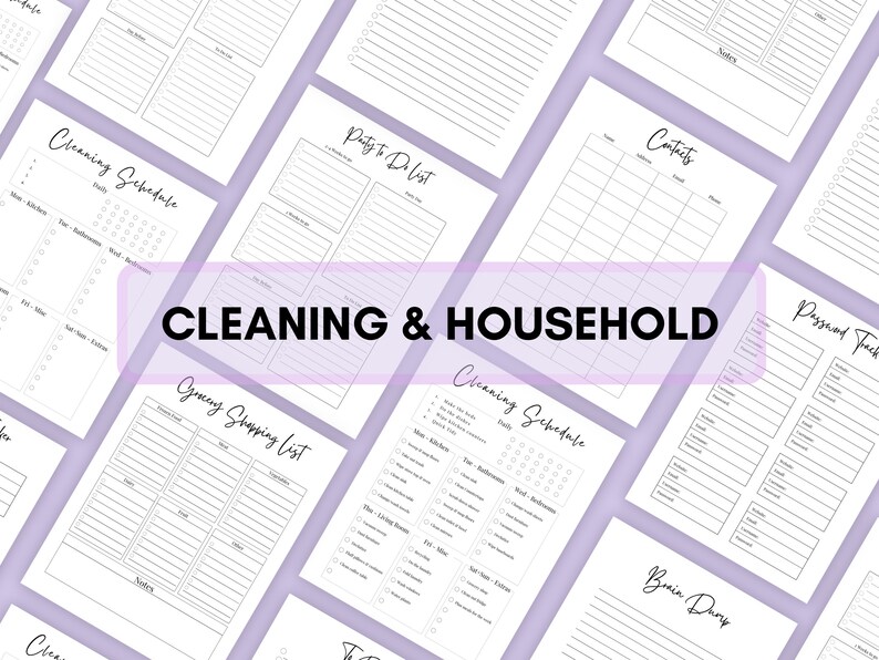 Op de afbeelding: Afdrukbare schoonmaak- en huishoudplannerpagina's met checklists, schema's en lijsten voor boodschappen doen, contacten, wachtwoorden en dagelijkse taken. De pagina's zijn zwart-wit met een eenvoudig ontwerp.