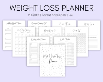 May include: A collection of white paper pages with black text, titled "WEIGHT LOSS PLANNER." The pages include trackers for habits, meals, water intake, and goals. The text "10 PAGES | INSTANT DOWNLOAD | A4" is also visible.