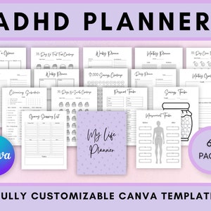 Op de afbeelding: Een printbare planner-sjabloon voor Canva met 60 pagina's, met een verscheidenheid aan lay-outs voor het organiseren van taken, doelen en financi&euml;n. De sjabloon bevat secties voor wekelijkse planning, dagelijkse planning, schoonmaakschema's, boodschappenlijstjes, spaartools en meer. De sjabloon is aanpasbaar en kan worden gebruikt voor persoonlijk of professioneel gebruik.