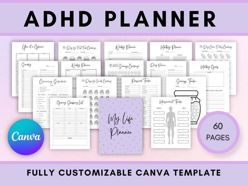 Op de afbeelding: Een printbare planner-sjabloon voor Canva met 60 pagina's, met een verscheidenheid aan lay-outs voor het organiseren van taken, doelen en financi&euml;n. De sjabloon bevat secties voor wekelijkse planning, dagelijkse planning, schoonmaakschema's, boodschappenlijstjes, spaartools en meer. De sjabloon is aanpasbaar en kan worden gebruikt voor persoonlijk of professioneel gebruik.