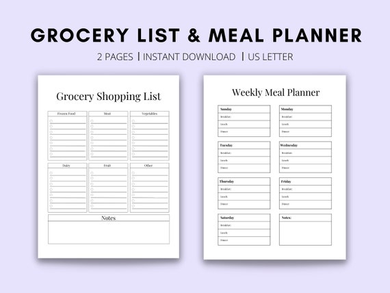 Meal Planner Printable Grocery List Printable Weekly Meal - Etsy