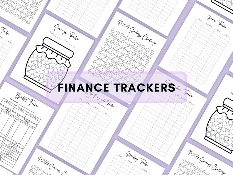 Op de afbeelding: Een set printbare financi&euml;le trackers, waaronder een budgettracker, een spaar-tracker, een inkomsten-tracker en een uitgaven-tracker. De trackers hebben een ontwerp met een pot met munten en de tekst "&euro; 1.000 spaaruitdaging".